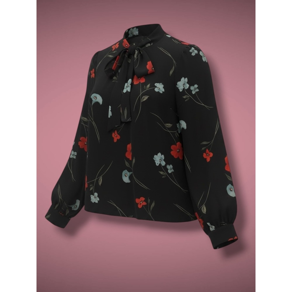 CeCe Floral Tie Neck Long Sleeve Polyester Blouse Rich Black L